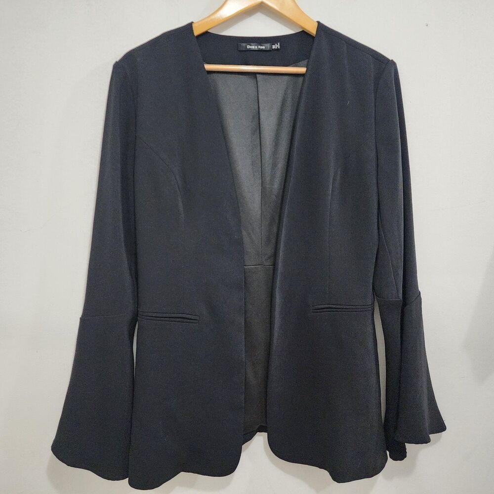 Doe & Rae Bell Sleeve Longline Blazer Black Open Front Workwear Career Women's M